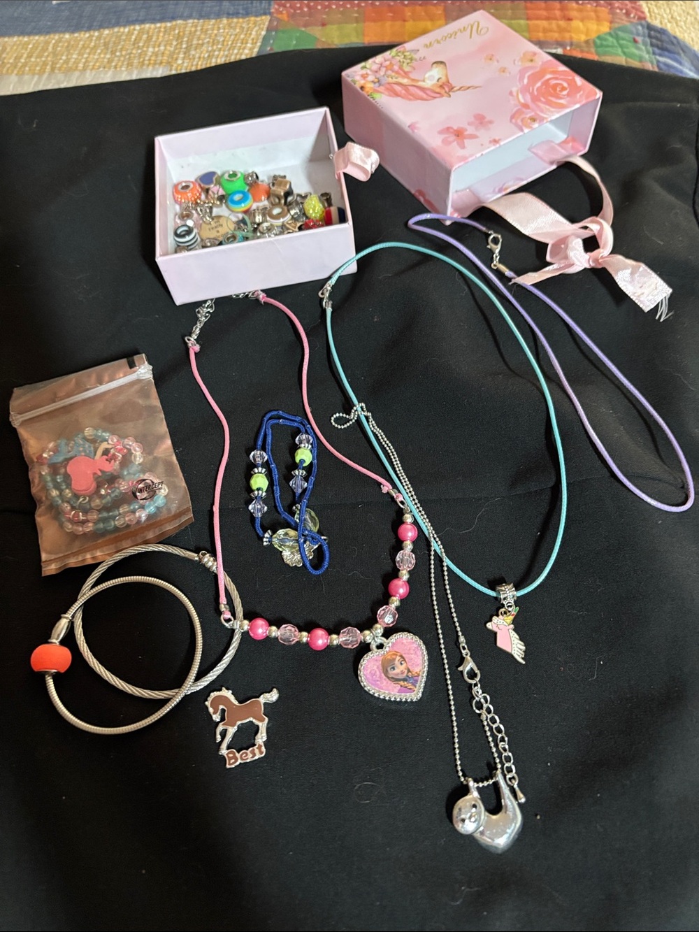 Kids Pink Heart Pendant Beaded Necklace and Bracelet Set